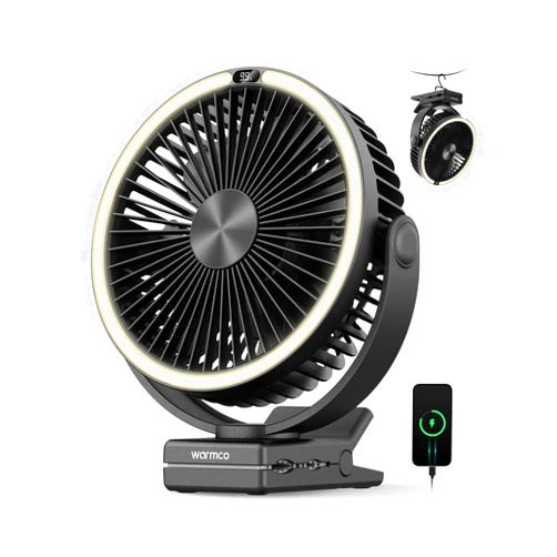 Warmco 15000mAh Portable Clip on Fan Rechargeable, 8 Inch Battery Powered Desk Fan, LED Lantern & Hook, 360° Rotate & 4 Speeds Strong Airflow for Camping Tent Office Outdoor Travel Golf Cart