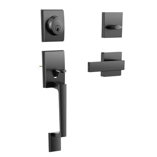 Roughshi Front Door Handle, Door Knob with Lever for Right and Left Handed, Interior Exterior Entry Handleset Single Cylinder Deadbolt Handle Set Matte Black