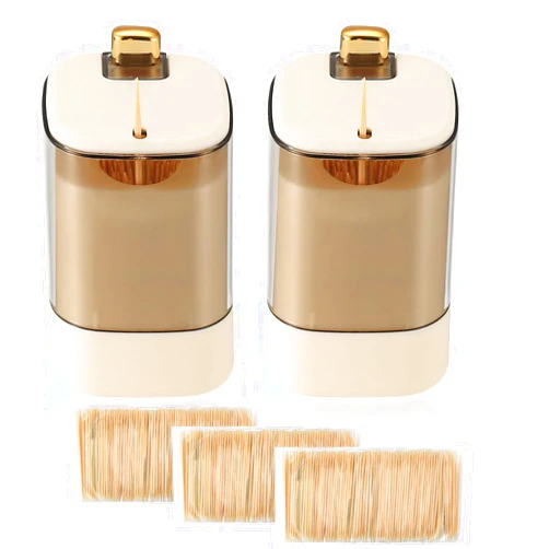 RUGLAMZHIP 2 Pcs Toothpick Holder Dispensers, Automatic Toothpicks Container, Toothpicks Storage Dispensers Box, For Home Livingroom Kitchen Restaurant，With 1,000 Toothpicks, - Beige