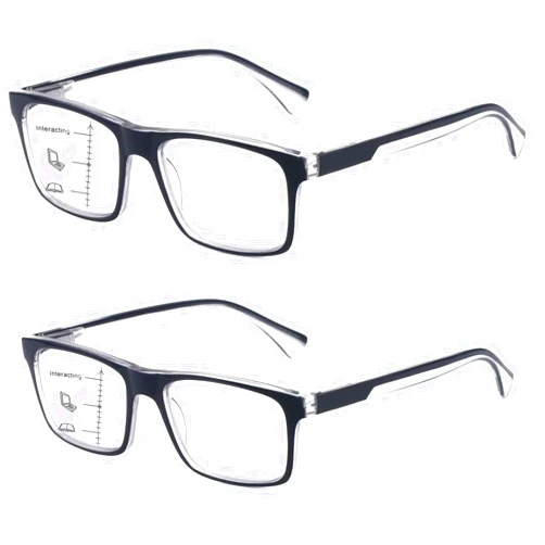 Missfive 2-Pack Mens Light Multifocus Progressive Reading Glasses Blue Light Blocking, Multifocal Spring Hinge No-Line Trifocal Readers Black Eyeglasses(Workspace For Near Range, +2.5)