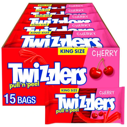 TWIZZLERS PULL 'N' PEEL Cherry Flavored King Size, Low Fat Candy Packs, 4.2 oz (15 Count)