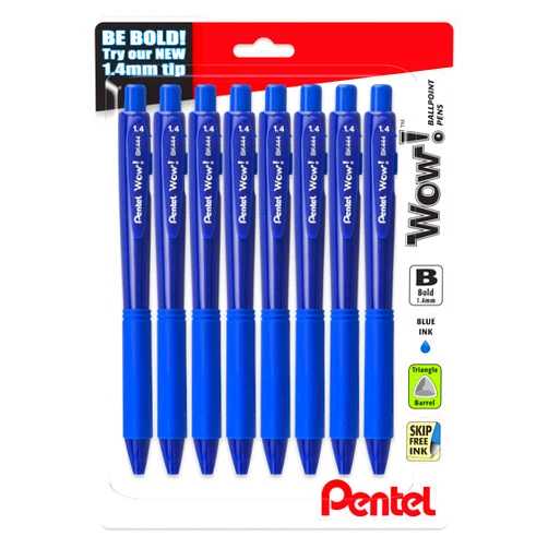 Pentel Wow! Retractable Ballpoint Pen, (1.4mm), Bold Line, Blue Ink, Pack of 8 (BK444BP8C)