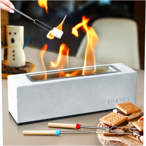 Lifavor Tabletop Fire Pit, Portable Giftable Fireplace, Outdoor Indoor Smores Maker, Durable Concrete Table Top Fire Pit with 2 Roasting Sticks, Heat-Resistant and Smokeless