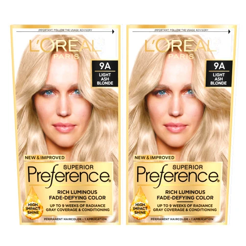 L'Oreal Paris Superior Preference Luminous Fade-Defying Permanent Hair Color, Hair Dye For Up to 9 Weeks of Radiance, Light Ash Blonde 9A, 1 Hair Dye Kit (Pack of 2)