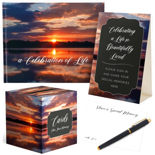 Portiche Funeral Guest Book Set 6 Pieces Includes 60 Memory Cards | Table Sign | Card Box | Keepsake Box | Pen | Guests Entry Funeral Guest Book | in Loving Memory | Funeral Guest Book Set Celebration of Life