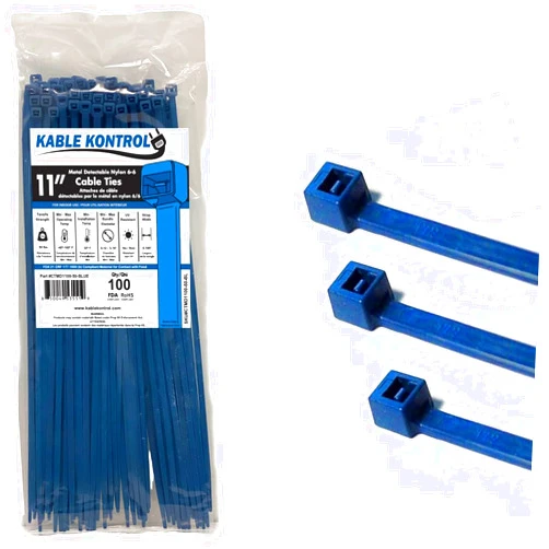 Kable Kontrol Metal Detectable Blue Zip Ties 100 Pcs 11 Inch, 50 Lbs Tensile Strength, Iron Infused Self-Locking Industrial Cable Ties