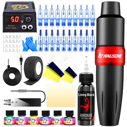 A-minusone Rotary Tattoo Kit Tattoo Pen Kit For Beginners with 20 Pcs Tattoo Cartridge Needles 7 Tattoo Inks Tattoo Power Supply Transfer Paper Tattoo Machine Padel Pen+20Cartridges+7Ink