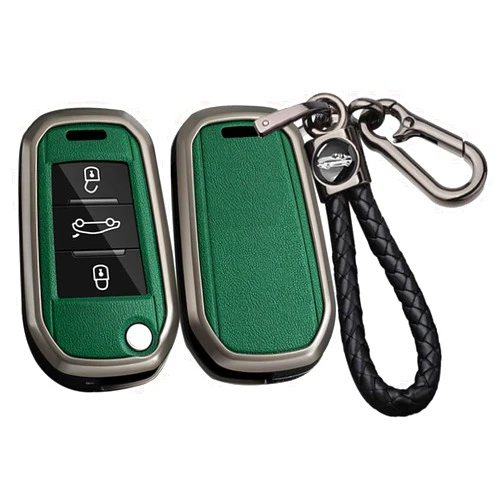 SANRILY PU Leather+Zinc Alloy Remote Key Case Fit for Peugeot 208 301 308 508 2008 3008 Landtrek Quartz Keyless Key Holder with Keychain Black-Green