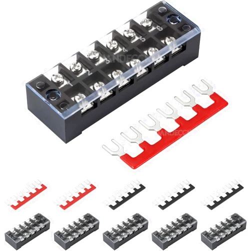 JANDECCN 6Pcs 6 Position Dual Row Covered Screw Terminal Strip 600V 25A and 6Pcs Pre-Insulated Fork Terminal Barrier Strip 400V 25A (6P + Jumper 6 Sets)