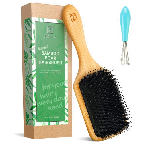 Zollo Natural Boar Bristle Hair Brush for Women, Men, Kids; Dry and Wet Detangling Hair Brush Gently Enhances Shine, Smooths Frizz and Prevents Breakage in Fine and Straight, Thick and Curly Hair (paddle)