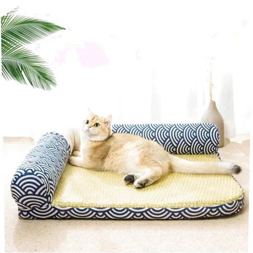 Generic 1pc Summer Cool Mat Pet Bed - Breathable Sisal Cat & Dog Lounger Sofa with High Edges, for All Seasons Corner Couch Comfort (Small), Navy/beige