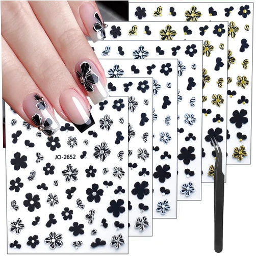 DAJIJIYOU 6 Sheets 3D Flower Nail Stickers for Nail Art Self Adhesive Flowers Nail Art Stickers with Tweezers Black Gold Silver White Floral Nail Decals Nail Designs Stickers for Women Girl