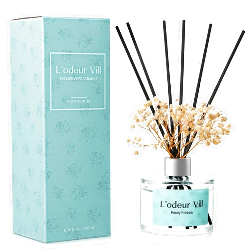 L'odeur Vill Reed Diffuser Set, 6.7 oz(200ml) Peony Freesia Scented Diffuser with 6 Oil Diffuser Sticks, Home Fragrance Essential Oil Reed Diffuser for Home Large Rooms Bathroom Shelf Decor