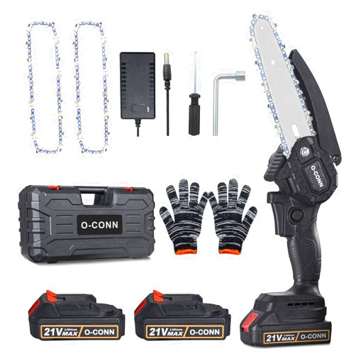 O-CONN Mini Chainsaw, O-CONN Cordless 6 Inch Handheld Portable Electric Chainsaw with 2 Batteries 2 Chains, 21V Battery Powered with Safety Lock, for Tree Trimming Branch Wood Cutting