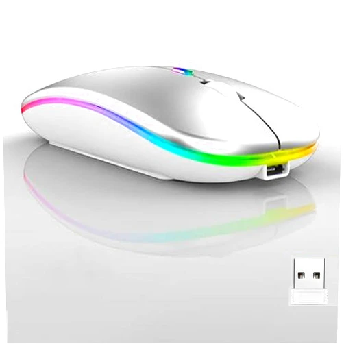 Guiheng Wireless Bluetooth Mouse,LED Dual Mode Rechargeable Silent Slim Laptop Mouse,Portable(BT5.2+USB Receiver) Dual Mode Computer Mice,for Laptop,Desktop Computer,ipad Tablet,Phone,Mac(Sliver White)