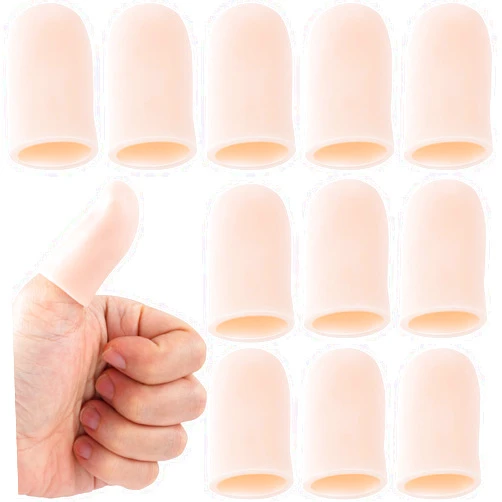 PAGOW 10pcs Gel Finger Cots/Covers, Silicone Finger Protector Support, Finger Caps Finger Sleeves Thumb Protector for Finger Cracking Trigger Finger Arthritis Pain Relief (Beige, Short)