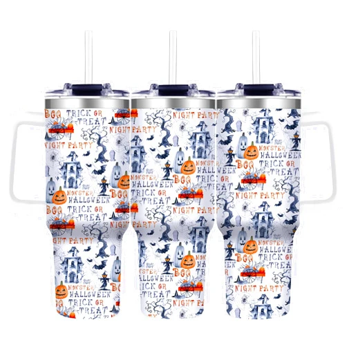 TIKMODERN Halloween Tumbler with Handle All Hallows' Eve Gifts for Women Men - 40oz Halloween Tumbler with Lid and Straw - All Hallows' Eve Present with Glost Pumpkin Spider Bat for Kids