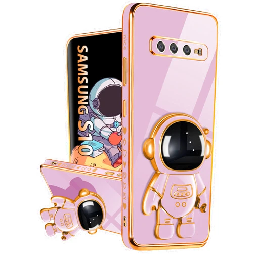 Lotadilo for Samsung Galaxy S10 Case, Galaxy S10 Cases with Astronaut Stand for Women Girls, Girly Cute Spaceman Love Heart Gold Plating 6D Phone Cover with Kickstand for S10 6.1 Inch Purple