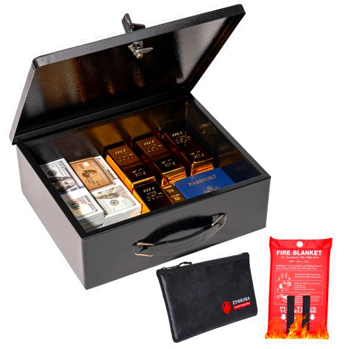Zynkora Fireproof Document Box with Key Lock & Fireproof Money Bag & Fire Blankets,Fire Safe Box for Valuables,Fire Resistance Portable Security Chest,Fireproof Box for Documents,Passport Extra Large