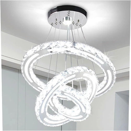 CXGLEAMING Chandeliers Modern Ceiling LED Fixture 3 Rings Adjustable Crystal Light Fixture Ceiling Hanging Pendant Light for Living Room Dining Bedrooms Hall 180mm Base 153 Crystals（White Light）