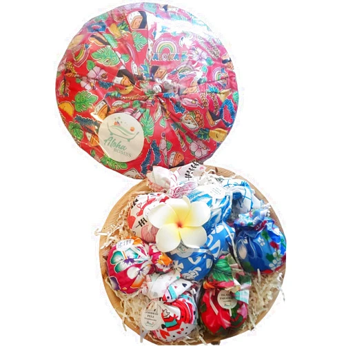 ALOHA BOMBS Handmade Bath Bomb Gift Pack Assortment wrapped in Musubi Red Playful Fabric