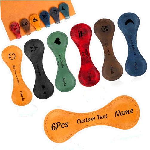 HJX 6Pcs Personalized Magnetic Leather Bookmark Custom Engraved Vintage Name Initials Text Book Marker Clips,Personalized Gifts for Readers Kids Classmates Teachers Book Lovers (6Pcs)