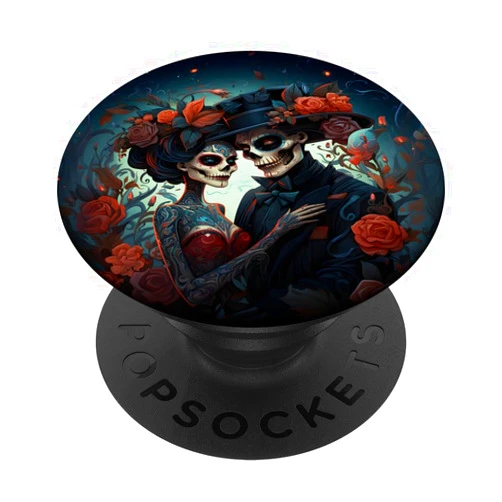 Dia De Los Muertos Creatives Goth Couple Day of the Dead Sugar Skulls Red Roses PopSockets Standard PopGrip