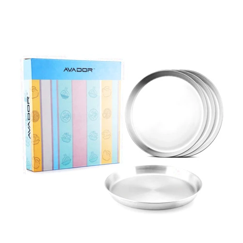 Avador® 18/8 Stainless Steel Products for Dining | Camping | Outdoor BPA Free Dishwasher Safe (Set of 4 Deep Round Plates)