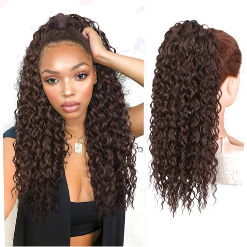 AISI BEAUTY Curly Drawstring Ponytail Hair Extension for Women 20 Inch Natural Looking Synthetic Clip in Ponytail Extension for Daily Party Use(Dark Brown)