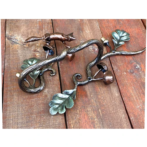 Handmade Door handle with a fox, oak decor, mushrooms and acorns, barn door handle, iron door handle