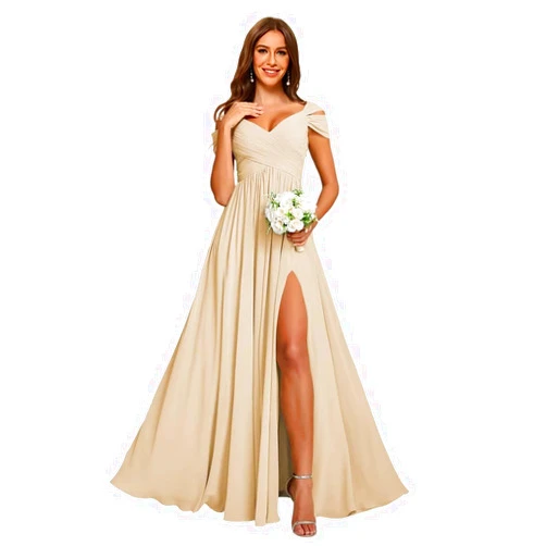 Vintys Women's Off Shoulder Ruched Bridesmaid Dresses Long with Pockets Slit Chiffon Formal Evening Dress VS180