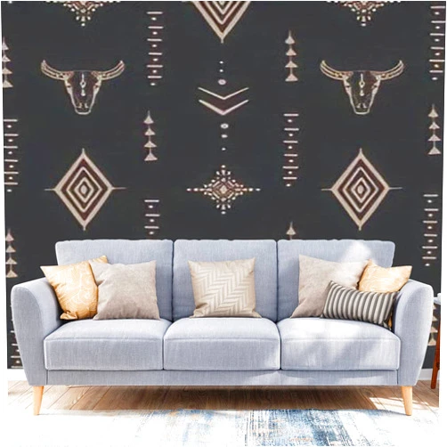 KWNFYVZJCSX Wallpaper Peel and Stick Boho Seamless Pattern Bull Skull with Horns Ethnic Arrangement on Large Wall Mural Removable Sticker Vinyl Film Covering Self Adhesive Decoration for Living Room