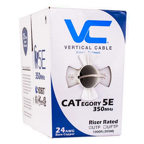 Vertical Cable Cat5e, 350 MHz, UTP, 24AWG, 8C Solid Bare Copper, 1000ft, White, Bulk Ethernet Cable - 054 Series