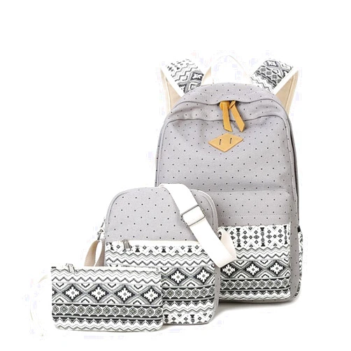 SSKE 3Pcs Backpacks Combo Set with Bohemian Style for Teenage Students - Polka Dot Canvas School Book Bag Sets for Kids with Tote Pencil Case Pouch, Shoulder Bag, Back To School Supplies (Grey)