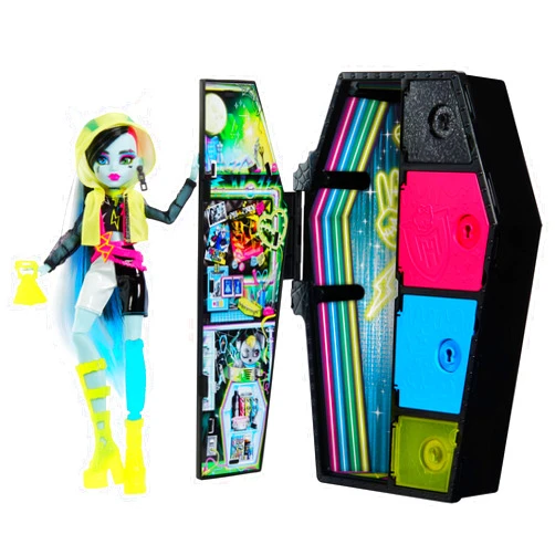 Monster High Skulltimate Secrets Neon Frights Doll & Accessories, Frankie Stein with Dress-Up Locker & 19+ Surprises
