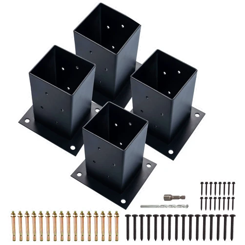 LADECH (4 PCS) LADECH 4x4 Wood Fence Post Anchor Base, 2mm Thick Steel and Black Powder Coated,Come with Wood Screws and Concrete Anchors (Black - 4 PCS)