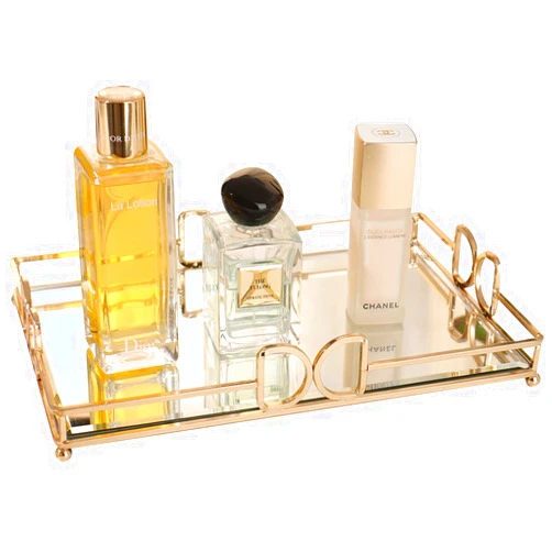 HAIGOUER Gold Mirror Tray - Beautiful and Elegant Makeup Vanity Tray, Luxury Rust-Proof Glass for Bathroom Dresser and Bedroom
