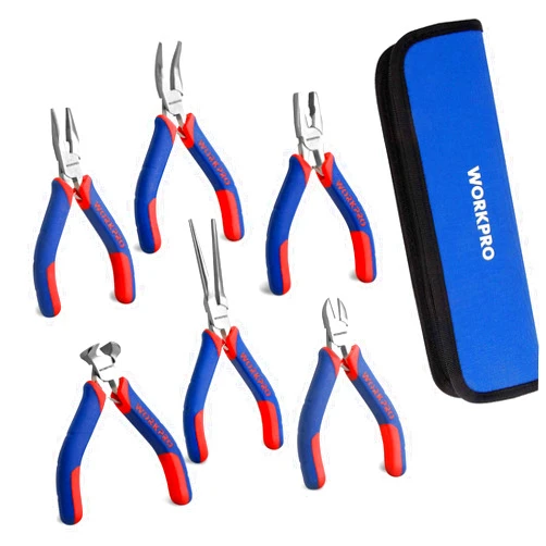 WORKPRO 6-piece Mini Pliers Set - Needle Nose, Diagonal, Long Nose, Bent Nose, End Cutting and Linesman, for Making Crafts, Repairing Electronic Devices, with Pouch