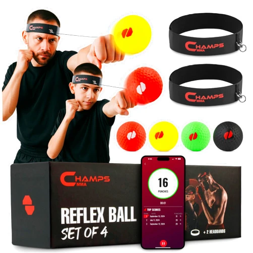 Champs MMA Boxing Reflex Ball Set with Punch Counter App– 4 Box Balls with Varying Weights, 2 Headbands and 4 Spare Strings to Improve Speed, Hand-Eye Coordination for Men, Kids Boxing Equipment MMA Gear Gift
