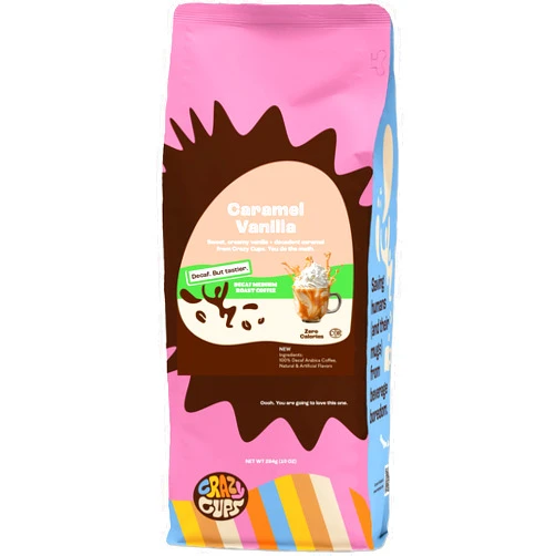 Crazy Cups Decaf Flavored Ground Coffee, Caramel Vanilla, in 10 oz Bag, For Brewing Flavored Hot or Iced Decaf Coffee