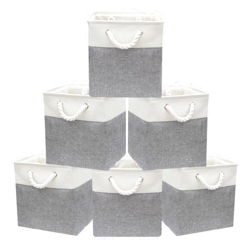 MANCHUANG 6 Pack Cube Storage Bins, 11 x 11 Inch Stitching Color Collapsible Fabric Storage Basket with Ropes, Foldable Storage Cubes for Home, Office,Closet, Clothes (White & Grey)