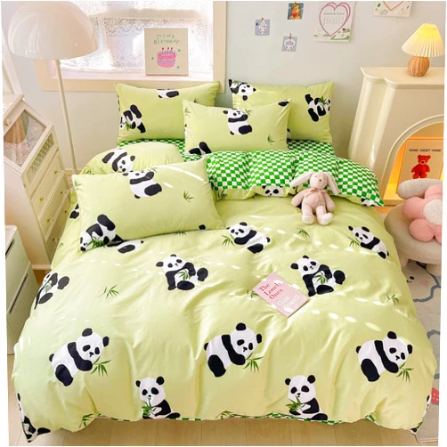 BlueBlue Panda Kids Duvet Cover Set Queen 100% Cotton Bedding for Boys Girls Teens Cartoon Chinese Panda Bamboo Pattern on Green 1 Cute Animal Full Comforter Cover 2 Pillow Shams, Queen