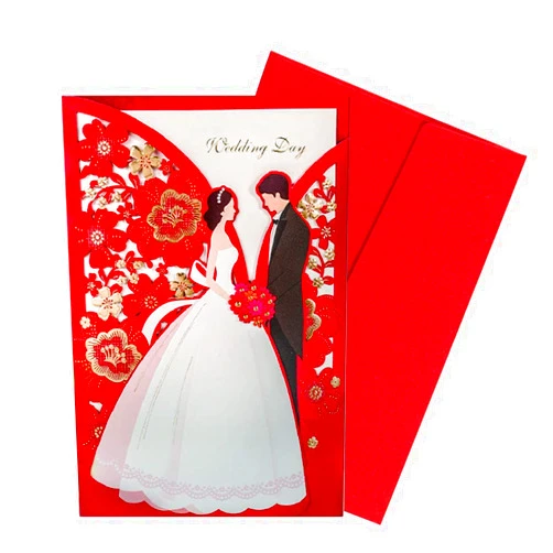 ALVESTORY 50pcs Traditional Red Blank Laser Cut Wedding Invitations Cards Kit with Bride & Groom Gold Flower Pocket For Engagement Wedding Invites Personalised (5x7.3)