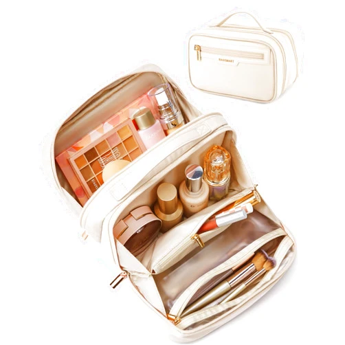 BAGSMART Travel Makeup Bag, Portable Make Up Bag, Wide-open Makeup Organizer Cosmetic Bags for Women for Travel Essentials Travel-Size Toiletries Accessories Bottles, Brushes (Beige)