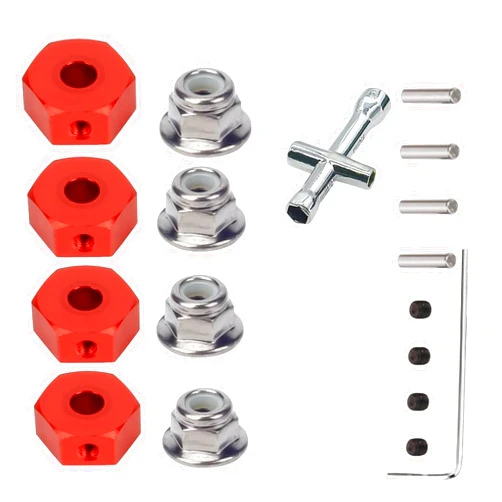 SDSLD 4X Upgraded Alloy 14mm Wheel Hex Hub Adaptor Kit with M4 Serrated Lock Nuts for ARRMA 3s, Mega550, Vorteks, Senton, Granite, Big Rock, Typhon Models Red