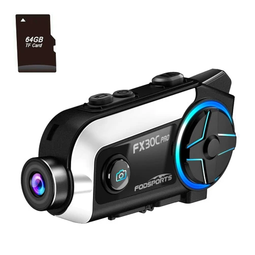 FODSPORTS Motorcycle Bluetooth Headset with Camera, Upgraded FX30C PRO 2-Way 1000M Motorcycle Communication System Intercom, 360° Motorcycle Helmet Camera, Music Share/EQ Sound/2000mAh/64G TF Card