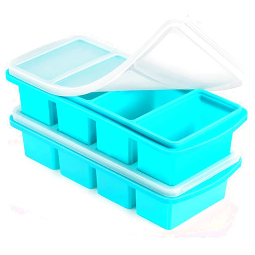 Uozuke Silicone Freezer Tray with Lid - 1 Cup Silicone Food Freezer Tray - Large Ice Cube Freezer Molds - Soup, Sauce, leftovers, Homemade Meal Prep Freezing Kitchen Storage Containers - Aqua - 2-Pack