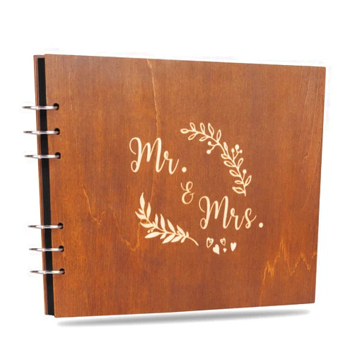 Creawoo 11’’ Mr&Mrs Wooden Guest Book Album Memory Keepsake for Wedding Anniversary Birthday with 80 Pages Blank Black Cardstocks - Available at Least 160 Pictures