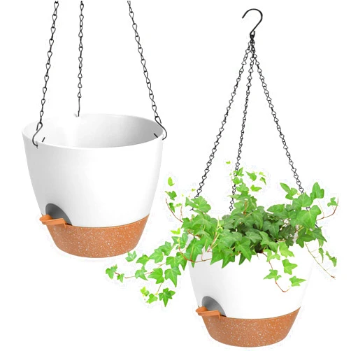 Vanslogreen Hanging Planters for Indoor Outdoor Plants, 2 Pack Self Watering Hanging Pot with Drainage Holes & Removable Tray (White, 8'')