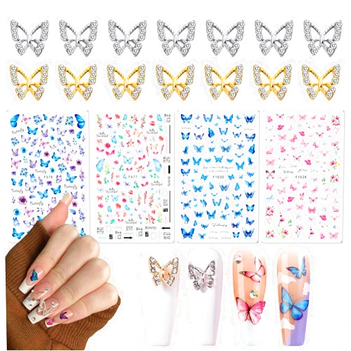 KTAABTR 14 Pcs Butterfly Nail Charms 4 Sheets Butterfly Nail Stickers Supply Gold Silver Butterflies Nail Art Charms Blue Pink Purple Butterflies Leaf Nail Decals for Women DIY Butterfly Nail Decor Set